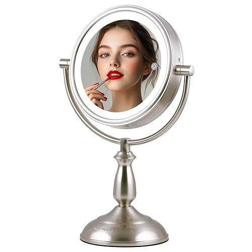 OVENTE 8" Lighted Tabletop Makeup Mirror with 1X/10X Magnification, Double Sided Vanity Mirror, 360° Swivel Design, 3-Tone Smart Touch Glow LED Lights