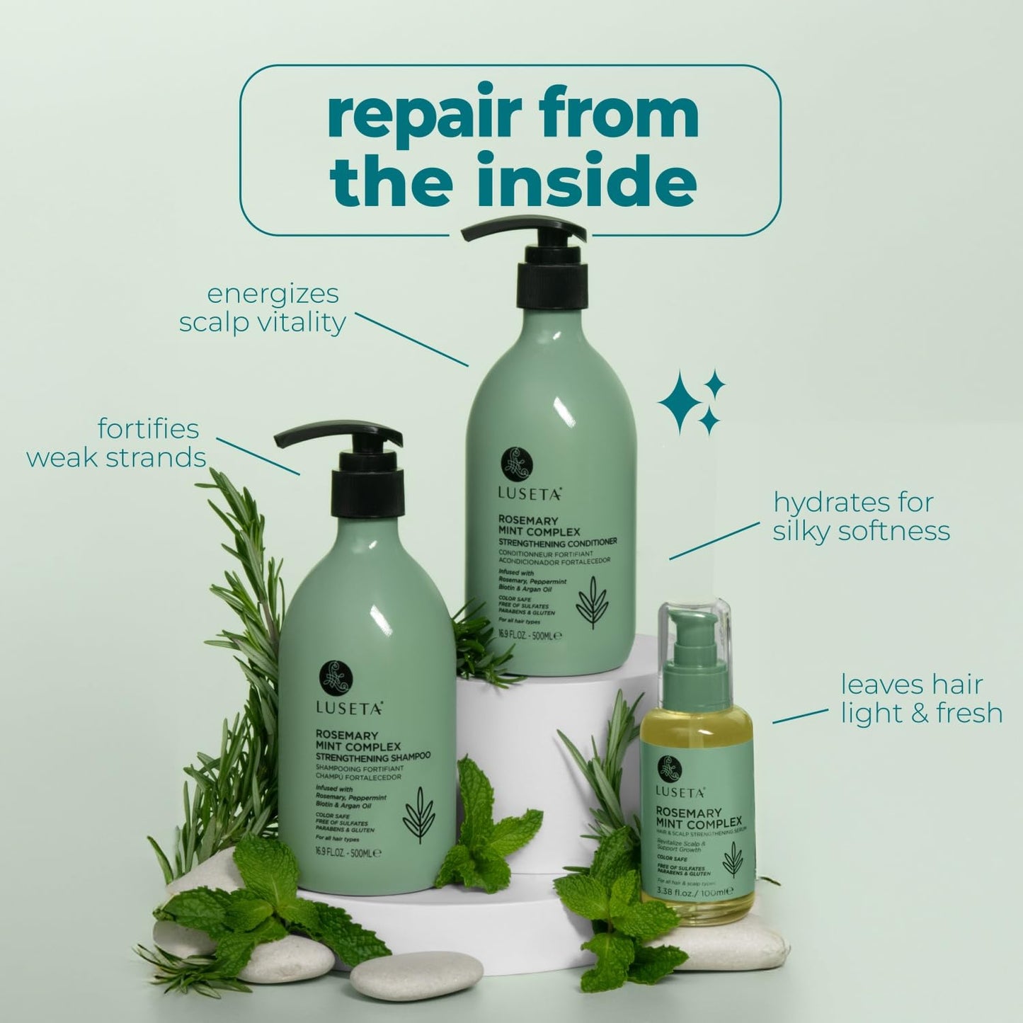 Luseta Rosemary Mint Shampoo and Conditioner 16.9oz and Hair Oil 3.38oz Trio Hair Care Set Nourishment & Smoothness for Thin Hair,Reduce Frizz and Add