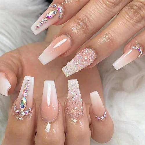 Yivaiks 24 Pcs Advanced Hand Made Customization Press on Nails, Luxurious Rhinestone Design Ballerina Fake Nails?Perfect Accessory for Banquets