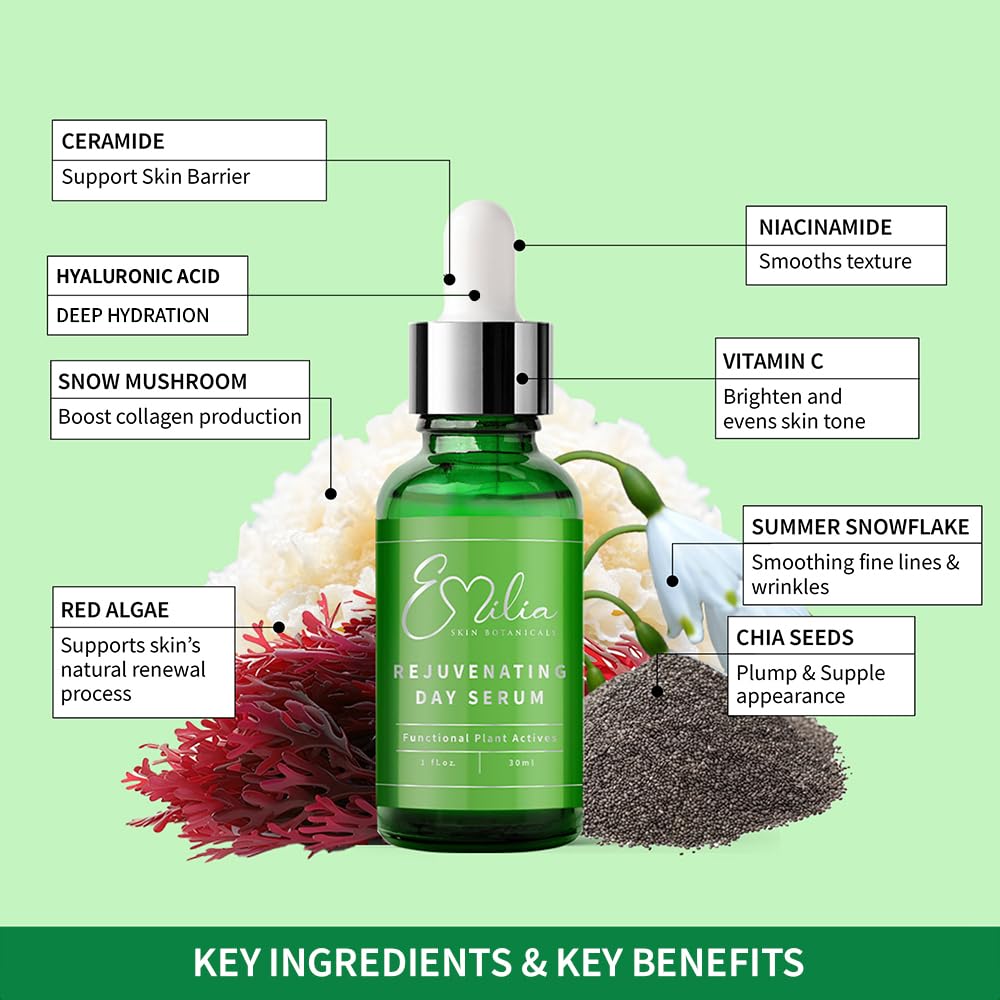 Emilia Skin Botanicals Rejuvenating Day Serum - Ceramides, Hyaluronic Acid & Vitamin C | Hydrating, Brightening & Anti-Aging Serum for Sensitive