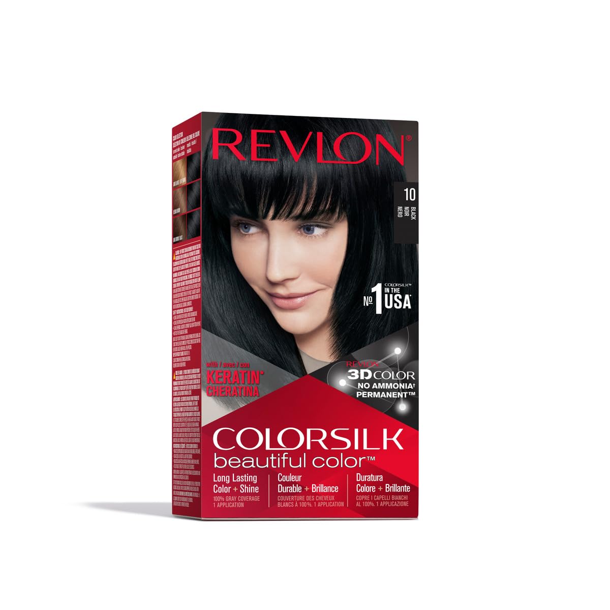 Revlon Permanent Hair Color, Permanent Hair Dye, Colorsilk with 100% Gray Coverage, Ammonia-Free, Keratin and Amino Acids, 10 Black, 4.4 Oz (Pack