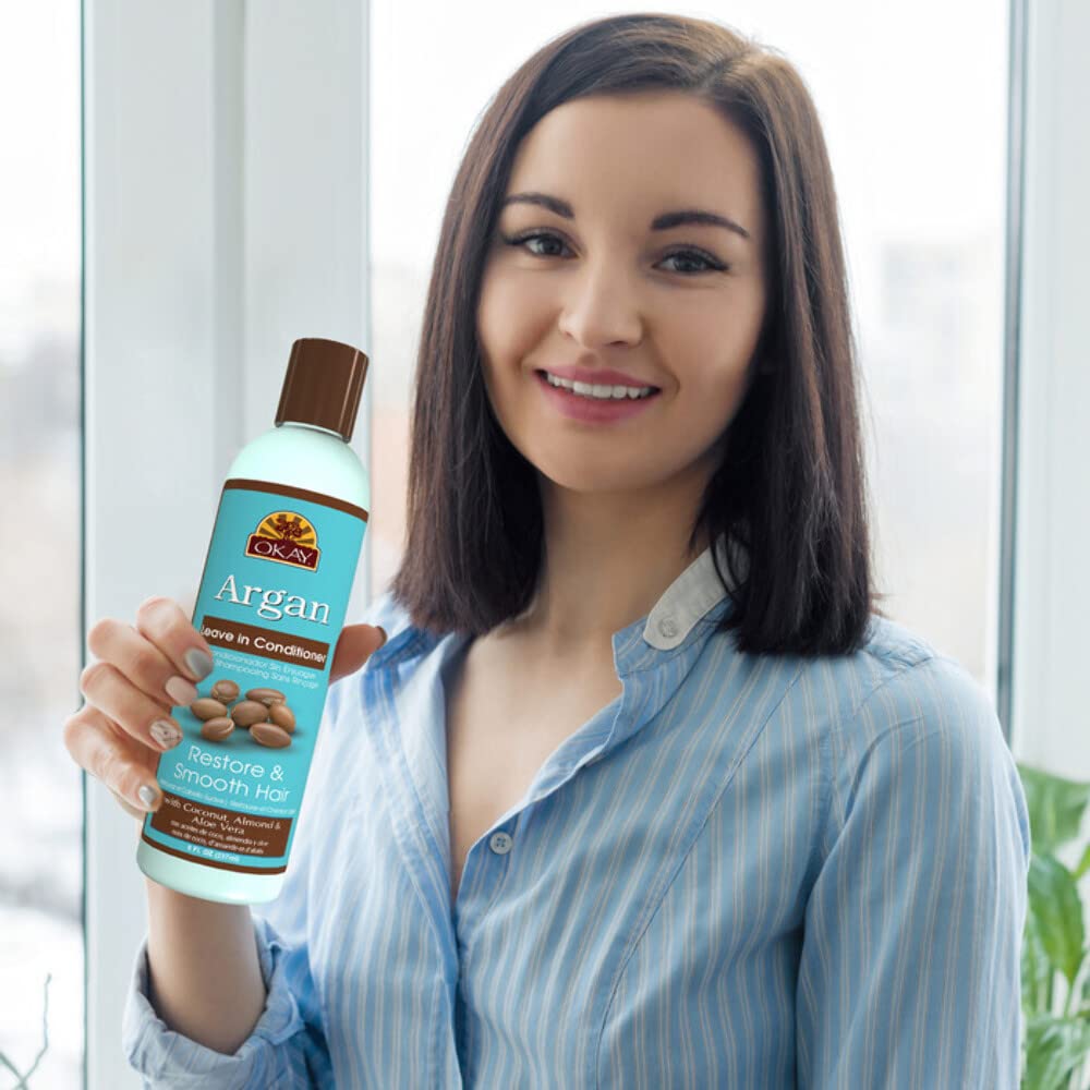 OKAY | Argan Leave In Conditioner | For All Hair Types & Textures | Restore, Hydrate & Smooth Hair | With Coconut, Almond, & Aloe Vera | Free