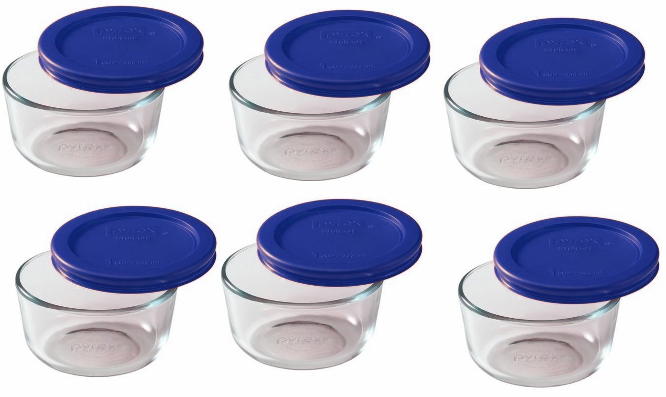 Pyrex 7202 1-Cup Glass Bowl & 7202-PC Cadet Blue Lid (6-Pack) - Made in USA