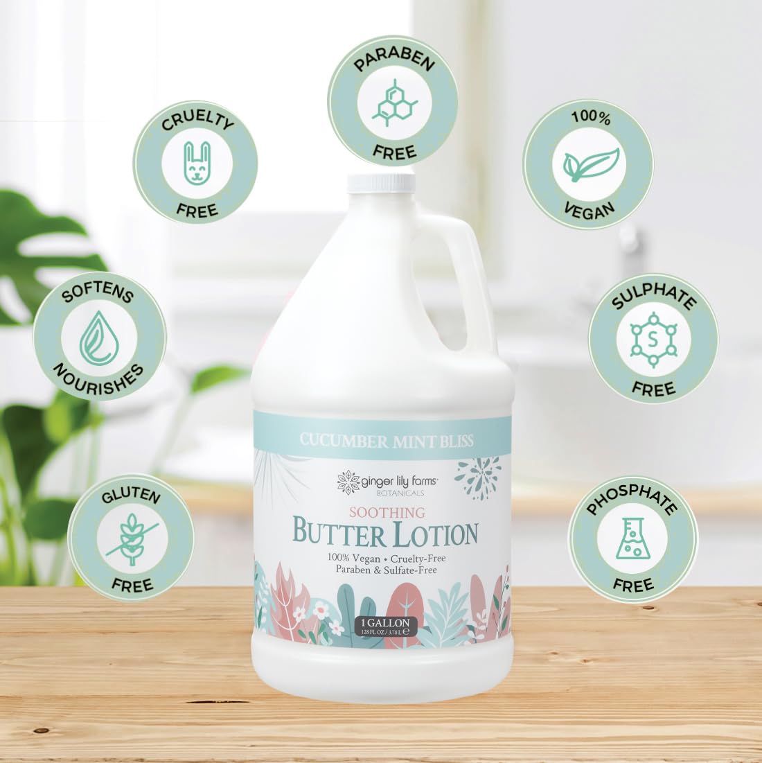 Ginger Lily Farms Botanicals Soothing Butter Lotion for Dry Skin, 100% Vegan & Cruelty-Free, Cucumber Mint Bliss Scent, 1 Gallon (128 fl oz) Refill