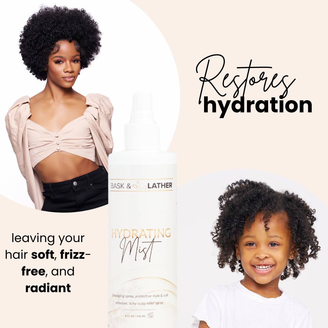 BASK & LATHER Hydrating Hair Mist, Leave-In Conditioner, Itchy Scalp Relief, Detangler, Curl Definer, Aloe Vera, Avocado Oil, For All Hair Types, 8 oz Beauty and Personal Care BASK & LATHER