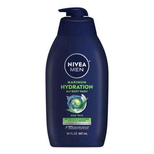 Nivea Men Maximum Hydration Body Wash for Dry Skin, Aloe Vera Enriched, 3-in-1 Moisturizing Body Wash, Face and Hair, Paraben Free, Vegan Formula, 30