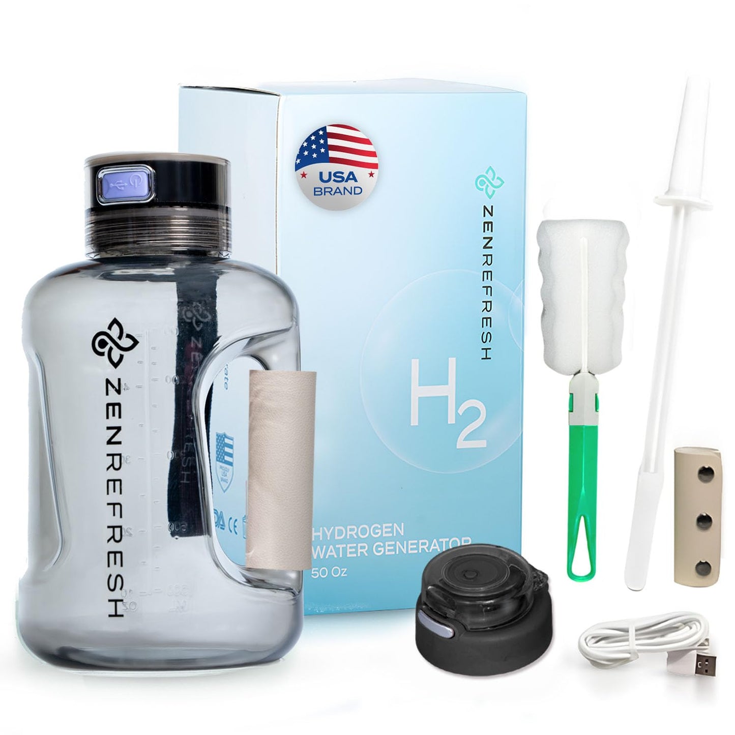 Zen Refresh 50 Oz Hydrogen Water Bottle, 2025 New SPE/PEM Technology, Large Gym Hydrogen Bottles, Travel Hydrogen Water Bottle Generator With Straw