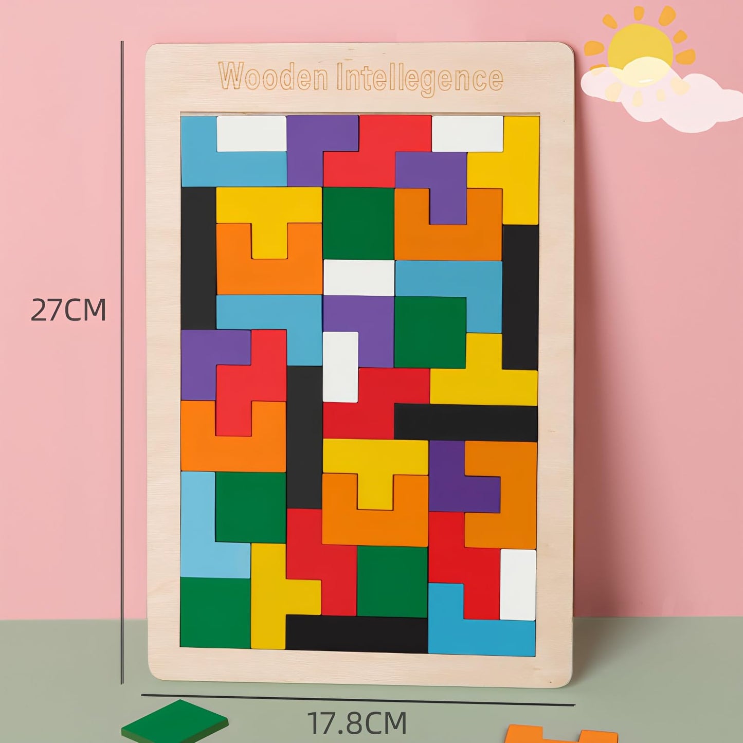 4-Pack Wooden Puzzle Set – Russian Blocks, Hexagon & Tangram Puzzles, Tic Tac Toe & Brain Teasers, Montessori STEM Educational Toy for Kids & Adults