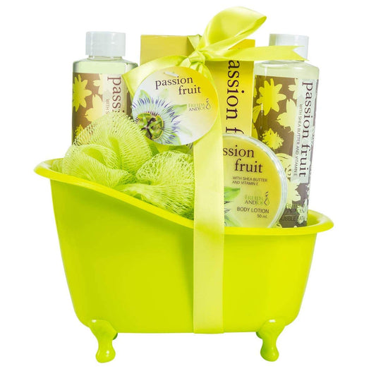 Home Spa Bath Basket Passion Fruit Fragrance Bath & Body Set For Women Contains Shower Gel, Bubble Bath, Body Lotion, Bath Salt in Green Tub Gift