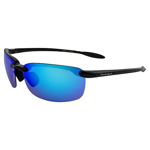 Islander Eyes Nevis Polarized Sunglasses for Men or Women Rimless Sports Wrap Black Temples w/Blue Mirror Lens