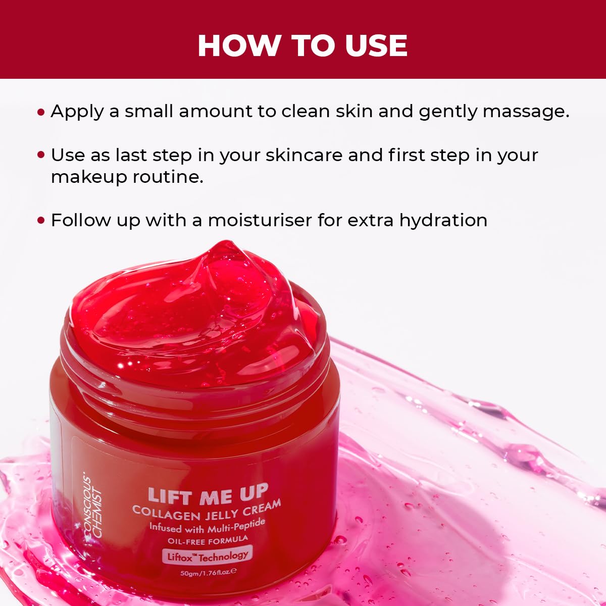 Conscious Chemist Collagen Jelly Face Cream Niacinamide & Hydrolyzed Collagen Powered by 6 peptides & Liftox technology Sagging, Fine lines & Dullness