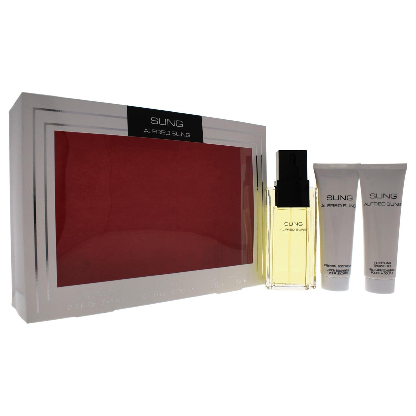 ALFRED SUNG Sung for Women - 3 Pc Gift Set 3.4oz EDT Spray, 2.5oz Essential Body Lotion, 2.5oz Refreshing Shower Gel.