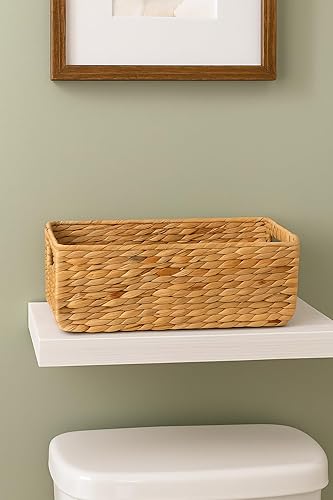 Handwoven Water Hyacinth Storage Basket with Handles, Rectangular Woven Organizer Bin for Shelves, Closet, or Living Room - Natural Seagrass Look…