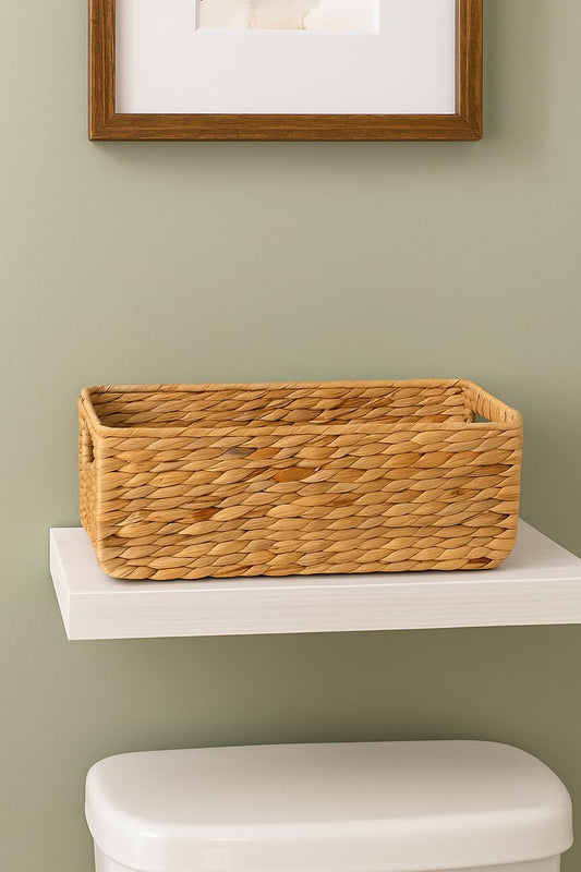 Handwoven Water Hyacinth Storage Basket with Handles, Rectangular Woven Organizer Bin for Shelves, Closet, or Living Room - Natural Seagrass Look…