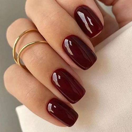 GLAMERMAID Burgundy Press on Nail Medium Square, Dark Red Handmade Jelly Soft Gel Nail Square Fake Nail, Glossy Stick Glue 0n Nail Kit for Women