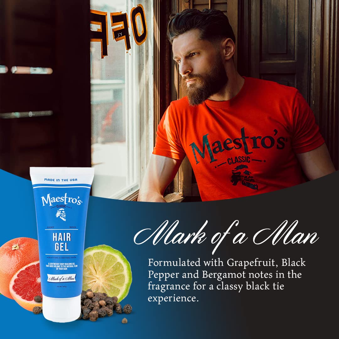 Maestro's Classic Hair Gel - Mark of a Man Blend | Medium Hold Men's Styling Gel | Flake-Free, Lightweight Formula for All Hair Types | Classic