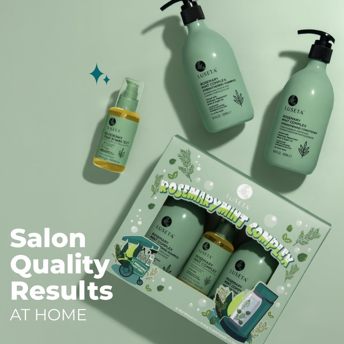 Luseta Rosemary Mint Shampoo and Conditioner 16.9oz and Hair Oil 3.38oz Trio Hair Care Set Nourishment & Smoothness for Thin Hair,Reduce Frizz and Add