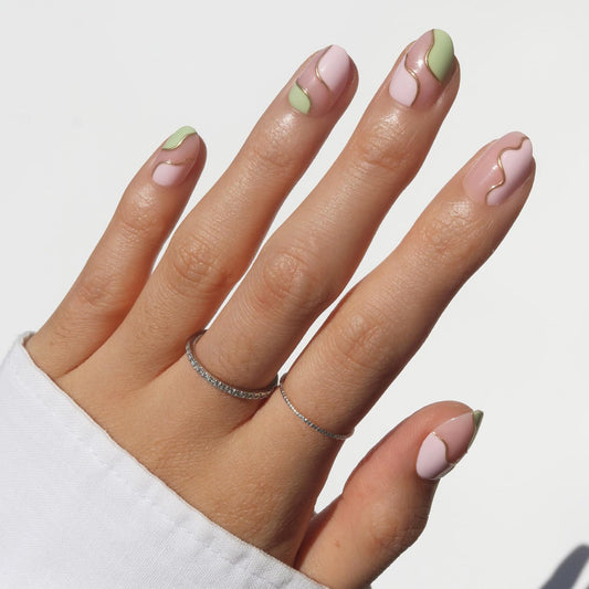 Glamnetic Press On Nails - Short Oval Fake Nails, Pink & Green Swirl Nails with Gold Foil Accents, Strawberry Matcha | 15 Sizes - 30 Nail Kit Beauty and Personal Care Glamnetic Default Title