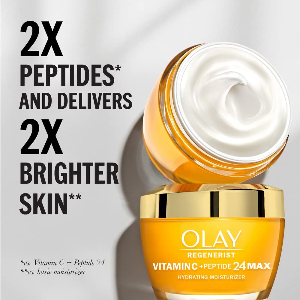 Olay Regenerist Vitamin C MAX + Peptide 24 Brightening Face Moisturizer for Brighter Skin, Lightweight anti aging cream for dark spots 1.7oz, Includes