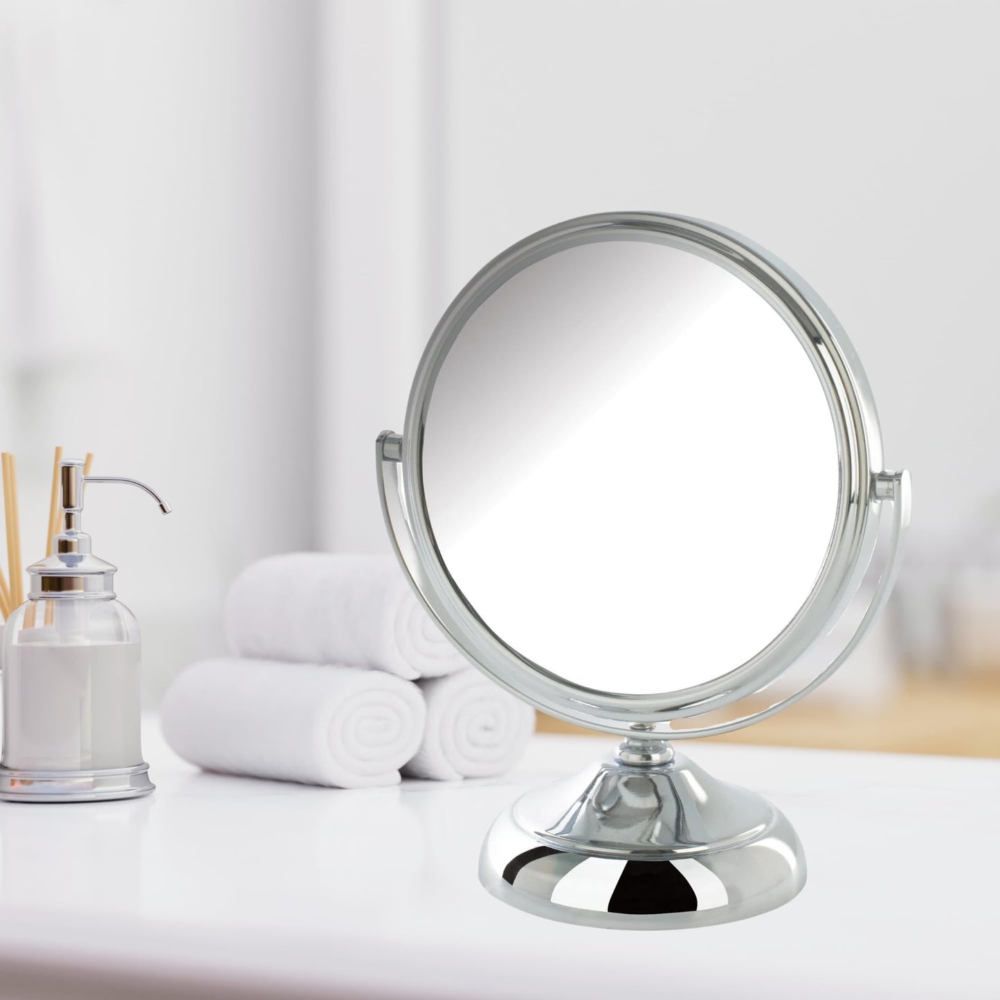 Model's Choice JERDON Tabletop Vanity Makeup Mirror with Chrome Finish - 5.5” Diameter Mirror with 5X-1X Magnification - Model MC247C