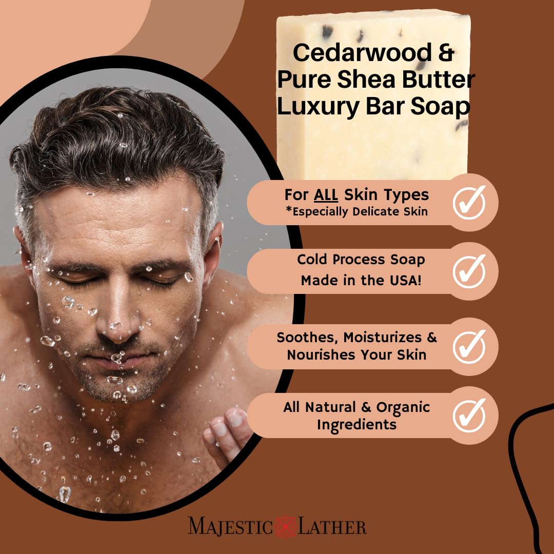 Cedarwood Luxury Handmade Bar Soap for Face & Body, Skin Soothing, Gentle Cleansing, Moisturizing & Nourishing - Shea Butter & Natural Oils. Cold Beauty & Personal Care Majestic Lather