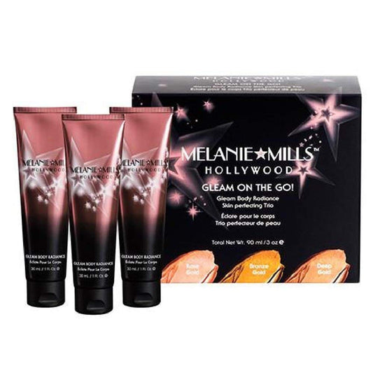 Melanie Mills Hollywood Mini Moisturizing Body Makeup Gleam on the Go Kit - Rose Gold, Bronze Gold, Deep Gold, 1 fl.oz. each
