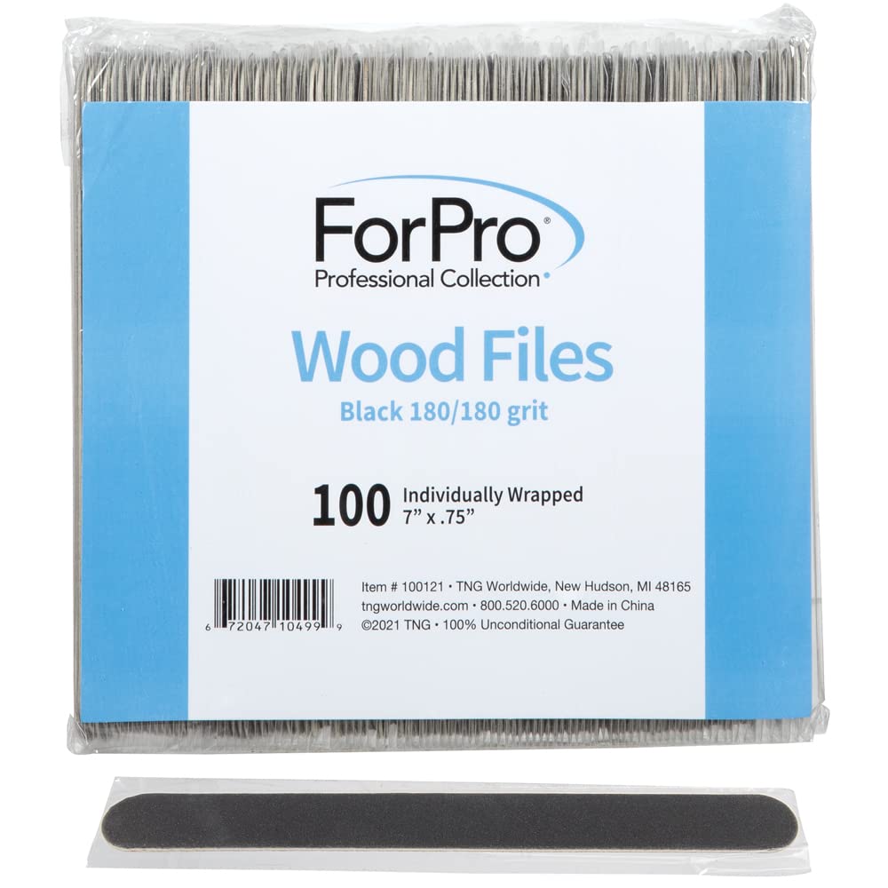 ForPro Professional Collection Wood Nail File, Black, 180/180 Grit, Double-Sided Manicure & Pedicure Nail Files, 7” L x .75“ W, Individually-Wrapped