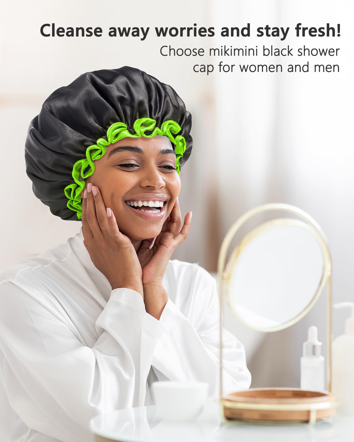 mikimini Black Shower Cap for Women, Men & Girls, 2 Packs Reusable Double Layers Waterproof Bathing Shower Hat with Soft Comfortable PEVA Lining