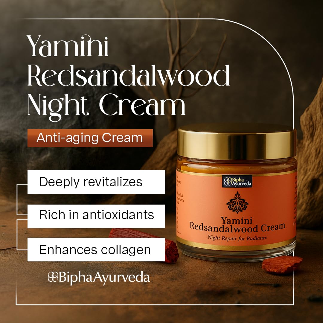 Bipha Ayurveda Yamini Red Sandalwood Face Night Cream With Vitamin E, Red Sandalwood Oil, Virgin Coconut, Almond And Lavender Oil For Flawless