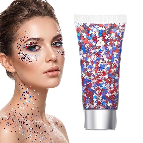 Red White Blue Hair Glitter Stick, 2026 New Patriotic USA Flag Star Chunky Face Body Outfits Sparkle Patriotic Pride Glitter for Soccer President's