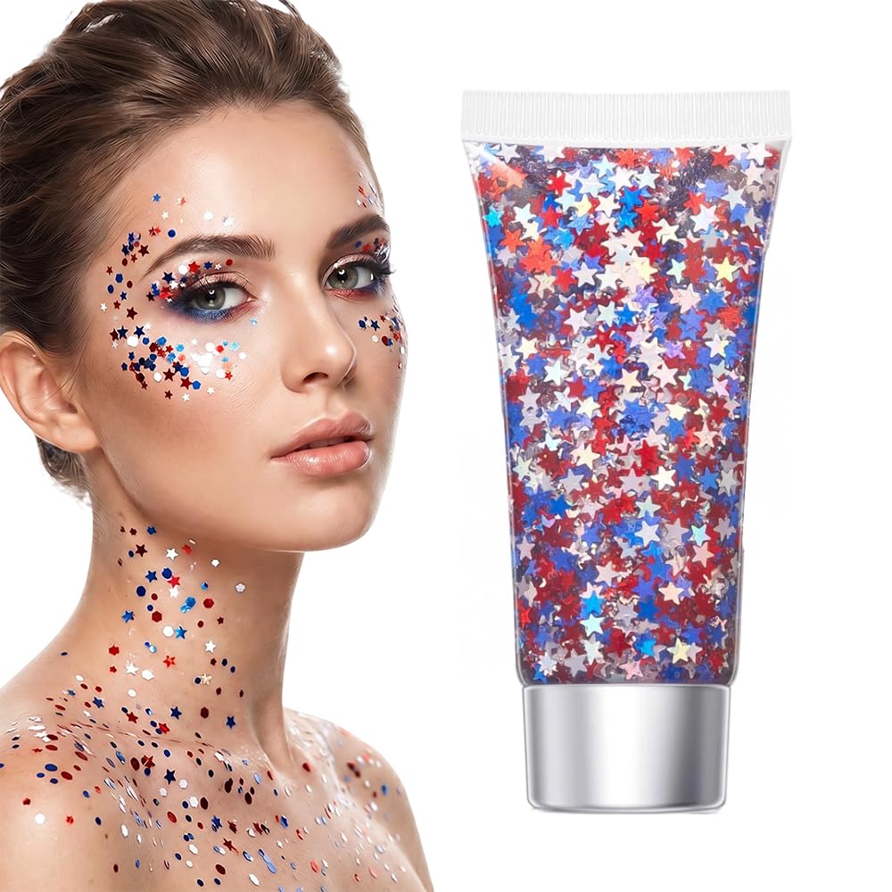 Red White Blue Hair Glitter Stick, 2026 New Patriotic USA Flag Star Chunky Face Body Outfits Sparkle Patriotic Pride Glitter for Soccer President's