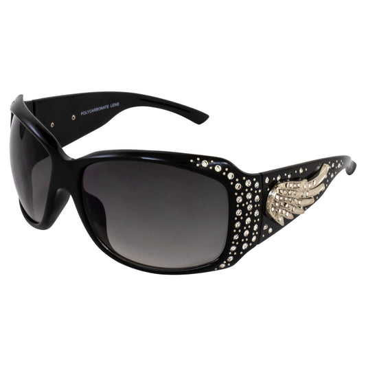 Rodeo Queen Angel Women’s Fashion Sunglasses Black Frame w/Bling Rhinestones & Smoke Gradient Lens