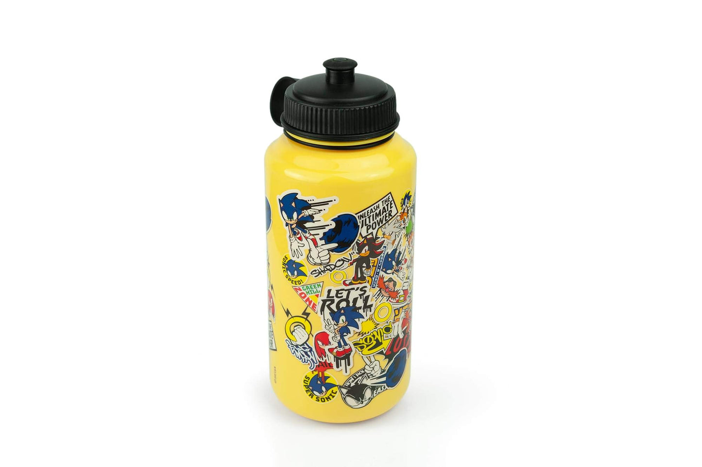 Sonic The Hedgehog Sticker Bomb Large Plastic Water Bottle | Unique Classic Yellow Water Bottle | Loaded With Sonic Artwork | Holds 32 Ounces