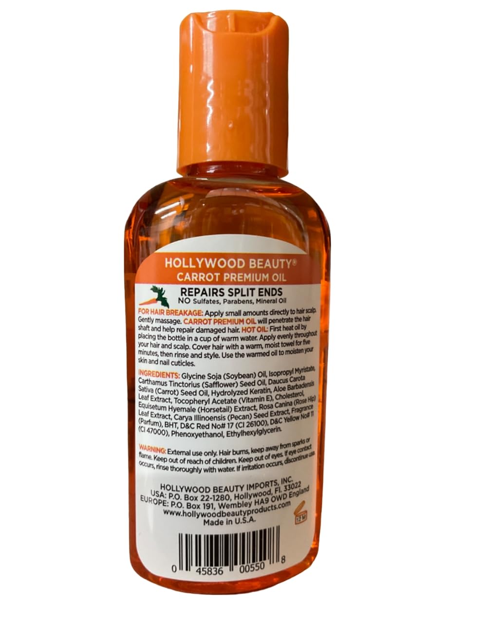 Hollywood Beauty Carrot Oil Repairs Damage Hair & Split Ends 2 oz (Pack of 3)