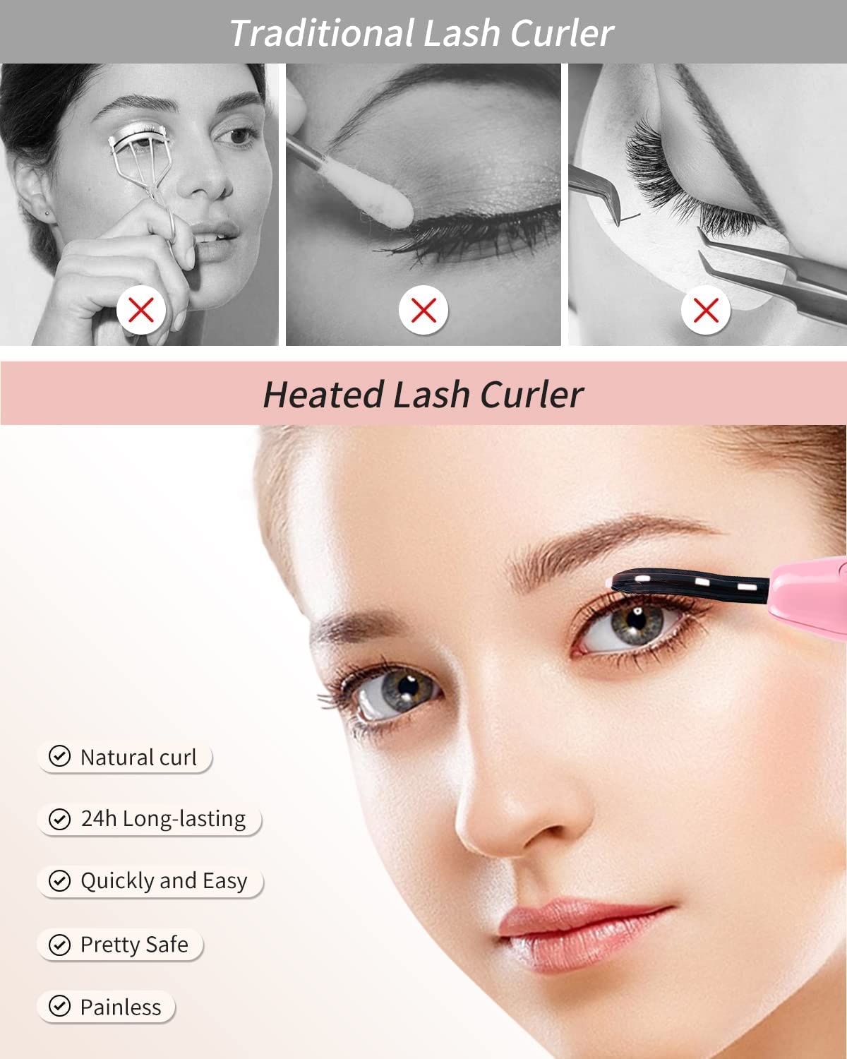 ZAPAL Heated Eyelash Curler, Heated lash Curler, Intelligent Power Off Electric Eyelash Curler Heated Quickly 24 Hs Lasting Natural Makeup (Pink