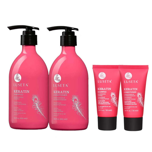 Luseta Keratin Shampoo Full + Travel Size Shampoo + Conditioner Set for Color Treated Damaged & Dry Hair, Keratin Hair Treatment for Smoothing