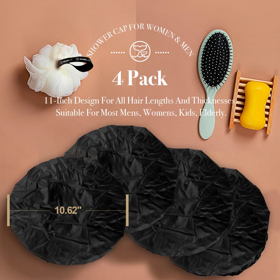 WhaleLife Shower Cap - Black Double-Layer Waterproof Reusable Satin-Lined for Women Men | Fits Thick Hair | Home Spa Travel 4 Pack