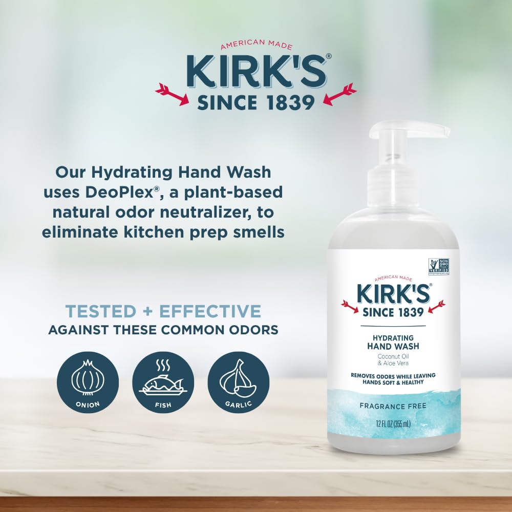 Kirk's Hydrating Hand Wash - Made with Coconut Oil and Aloe Vera, With Odor Neutralizing Technology To Help Eliminate Odors, Non-GMO, Vegan, Fragrance