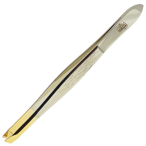 Camila Solingen CS29 3 1/2" Gold Tipped, Surgical Grade, German Stainless Steel Tweezers (Slanted) - Flawless Eyebrow and Facial Hair Shaping