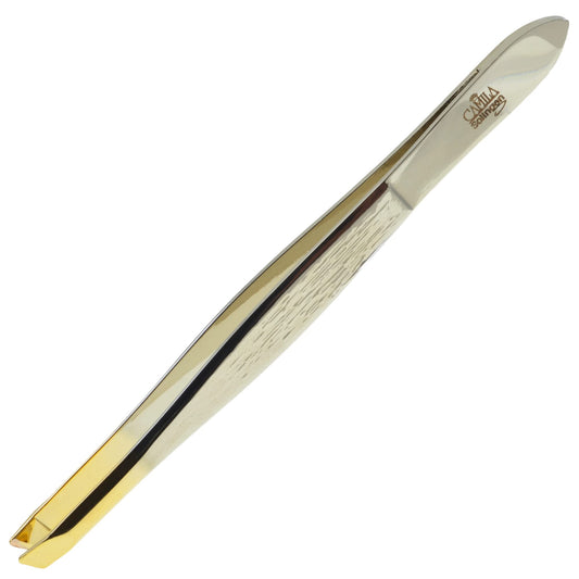 Camila Solingen CS29 3 1/2" Gold Tipped, Surgical Grade, German Stainless Steel Tweezers (Slanted) - Flawless Eyebrow and Facial Hair Shaping