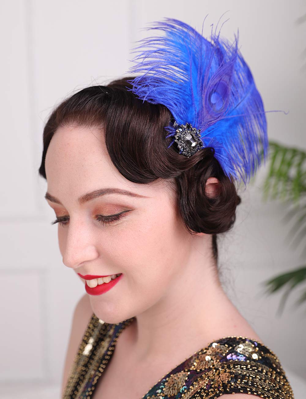 Aimimier 1920s Headpiece Flapper Royal Blue Feather Hair Clip Crystal Roaring 20s Prom Party Festival Hair Accessories for Women