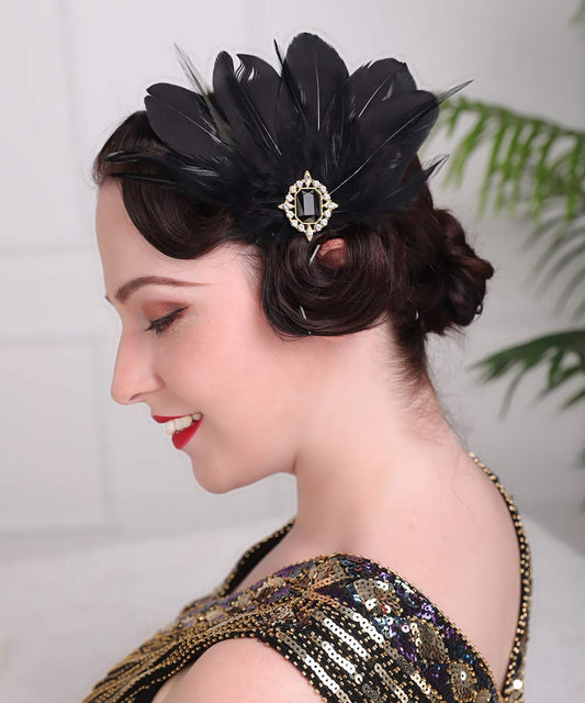 Aimimier 1920s Flapper Black Feather Headpiece Crystal Roaring 20s Feather Hair Clip Masquerade Hair Accessory for Women
