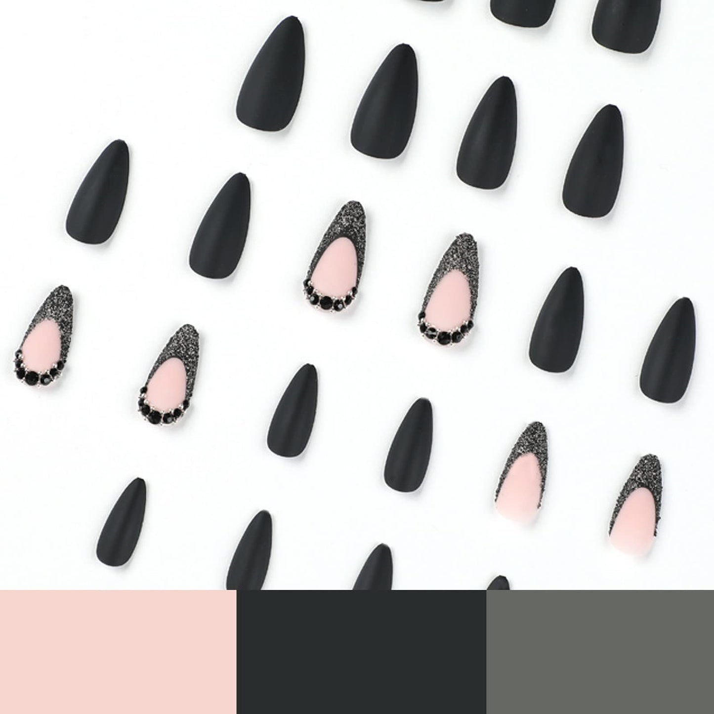 IMSOHOT Medium Press on Nails Almond Matte Black Fake Nails French Tips Acrylic False Nails with Rhinestone Designs