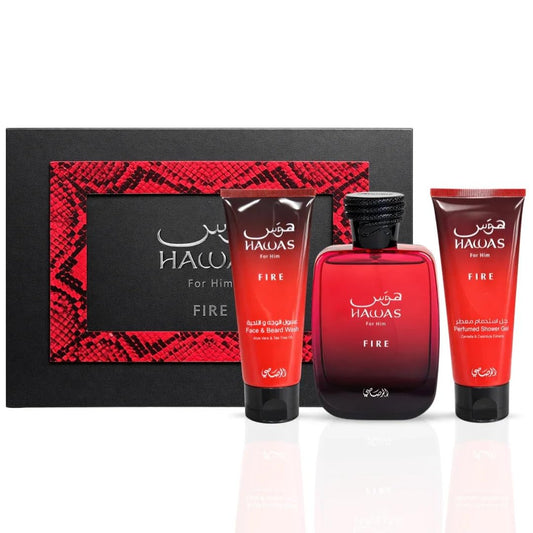 RASASI Hawas Fire For Men 3 Piece Gift Set Eau De Parfum Spray, Face & Beard Wash & Shower Gel 100ml (3.4 Oz) Beauty & Personal Care RASASI