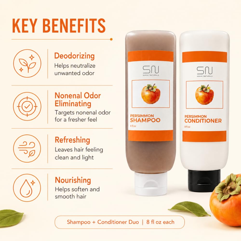 Seoul Naturals Persimmon Shampoo and Conditioner Set, Deodorizing and Nonenal Odor Eliminating, All Natural Ingredients, k beauty inspired, 16fl oz, 2
