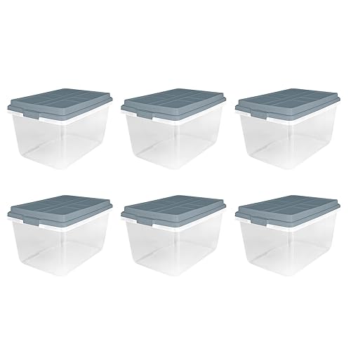 Hefty 72 Quart Hi-Rise Storage Bin with Lid, Stackable Plastic Container Tote for Home, Office, and Classroom Organization, 6 Pack, Smoke Blue