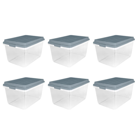 Hefty 72 Quart Hi-Rise Storage Bin with Lid, Stackable Plastic Container Tote for Home, Office, and Classroom Organization, 6 Pack, Smoke Blue