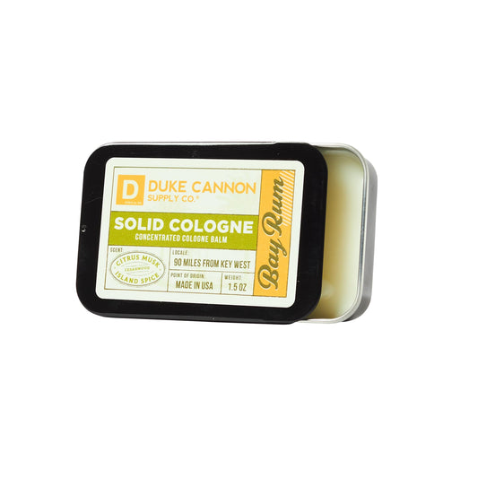 Duke Cannon Supply Co. Solid Cologne for Men Bay Rum (Citrus Musk, Cedarwood, Island Spice) - Concentrated Balm, Travel-Friendly Convenient Tin, 1.5