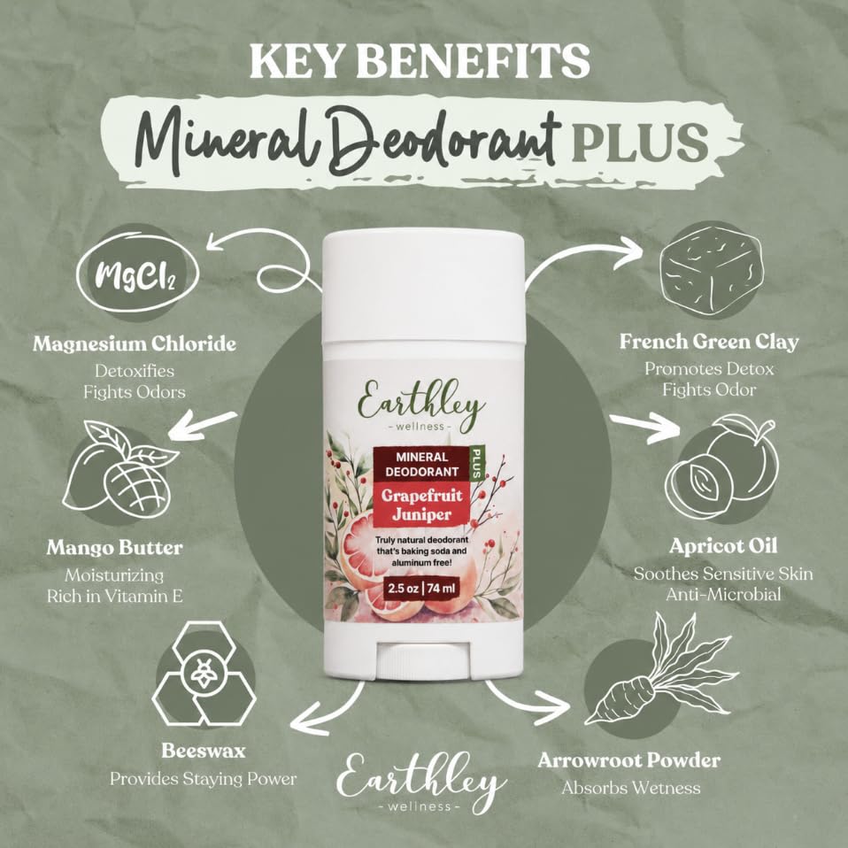 Earthley Wellness Mineral Deodorant PLUS, Natural & Aluminum-Free (2.5oz, Grapefruit-Juniper), Supports Freshness & Skin Health, French Green Clay Beauty and Personal Care Earthley Wellness