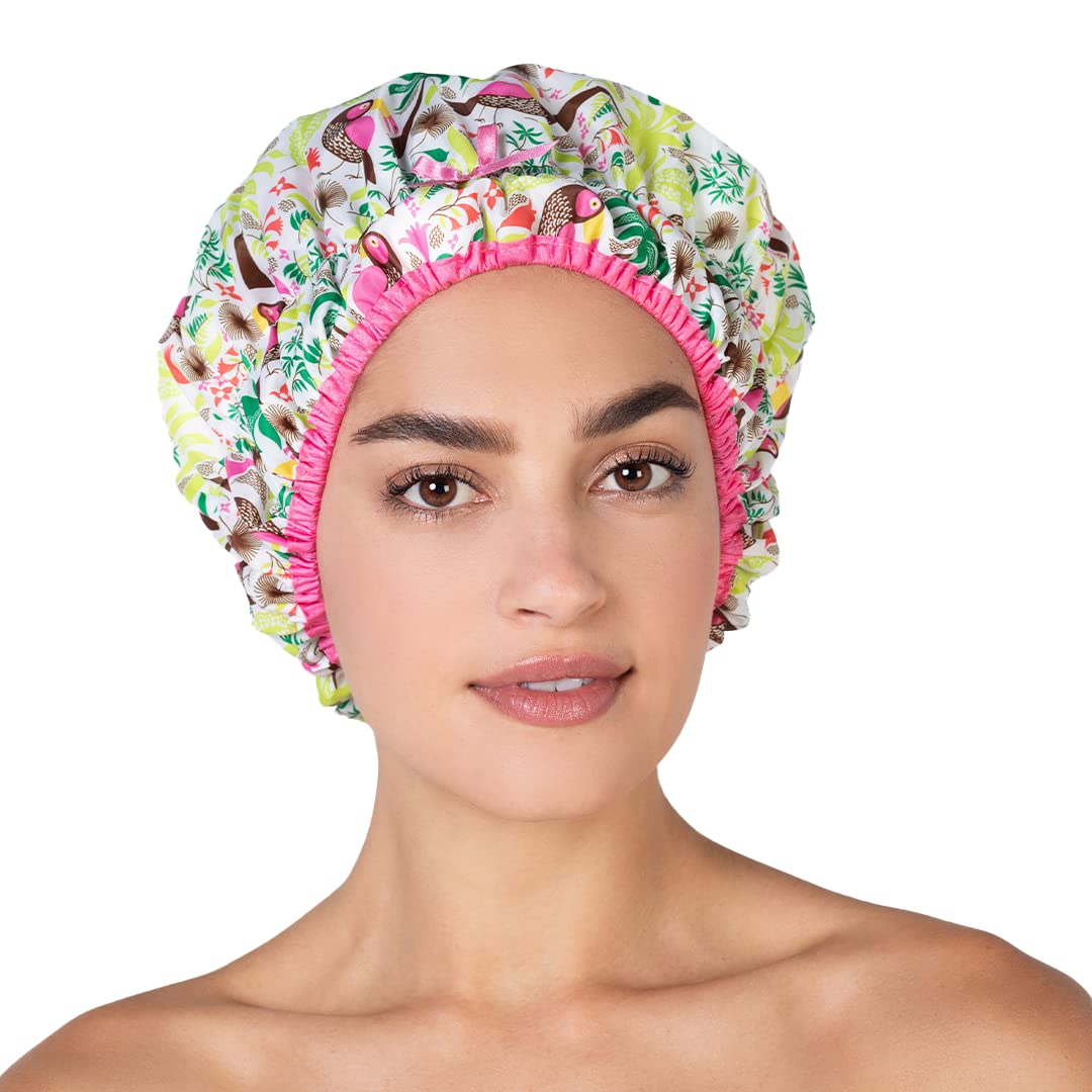 Reusable Bath & Shower Cap Lined, Oversized Waterproof Shower Caps Large Designed for all Hair Lengths with PEVA Lining & Elastic Band Stretch Hem